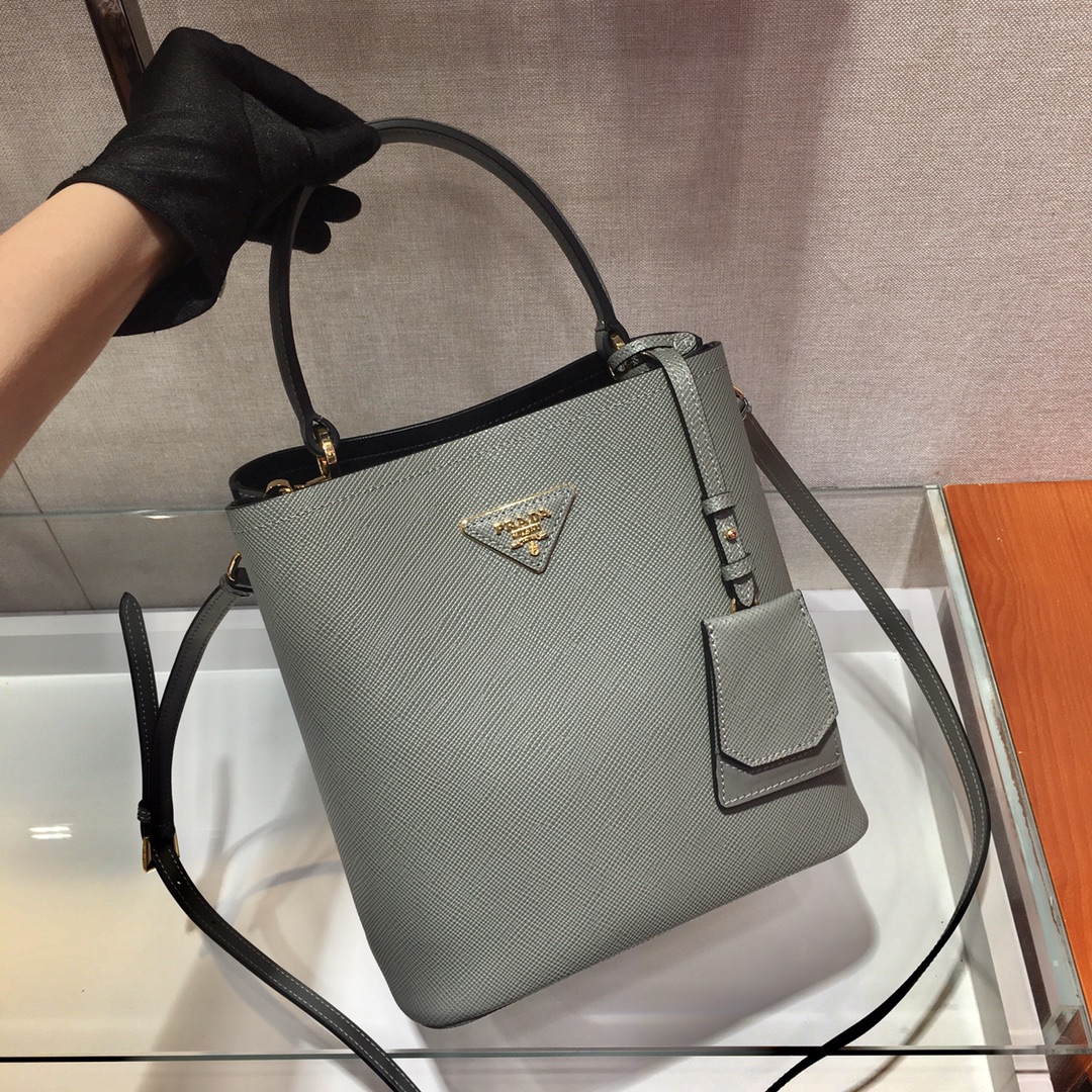 Prada Medium Panier Saffiano Leather Bag Light Grey/Black 1BA212